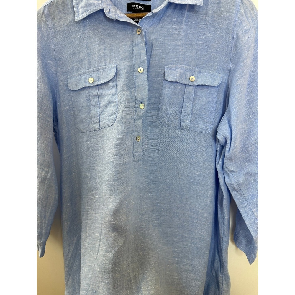 Jones & Co. 100% Linen Half Button Shirt Blue Top Large Resort Coastal *Flawed - Picture 8 of 12